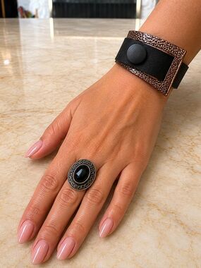 Handcrafted Textured Metal & Leather Cuff Bracelet – Artisan Statement Piece
